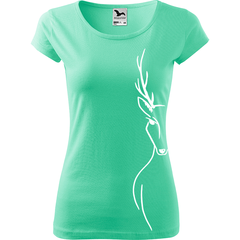 Ručně malované dámské bavlněné tričko - Jelen - Na boku Barva trička: MÁTOVÁ, Velikost trička: L, Barva motivu: BÍLÁ
