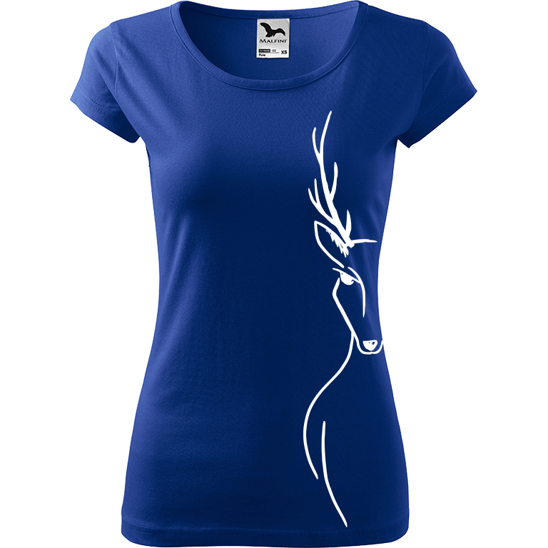 Ručně malované dámské bavlněné tričko - Jelen - Na boku Barva trička: MODRÁ, Velikost trička: S, Barva motivu: BÍLÁ