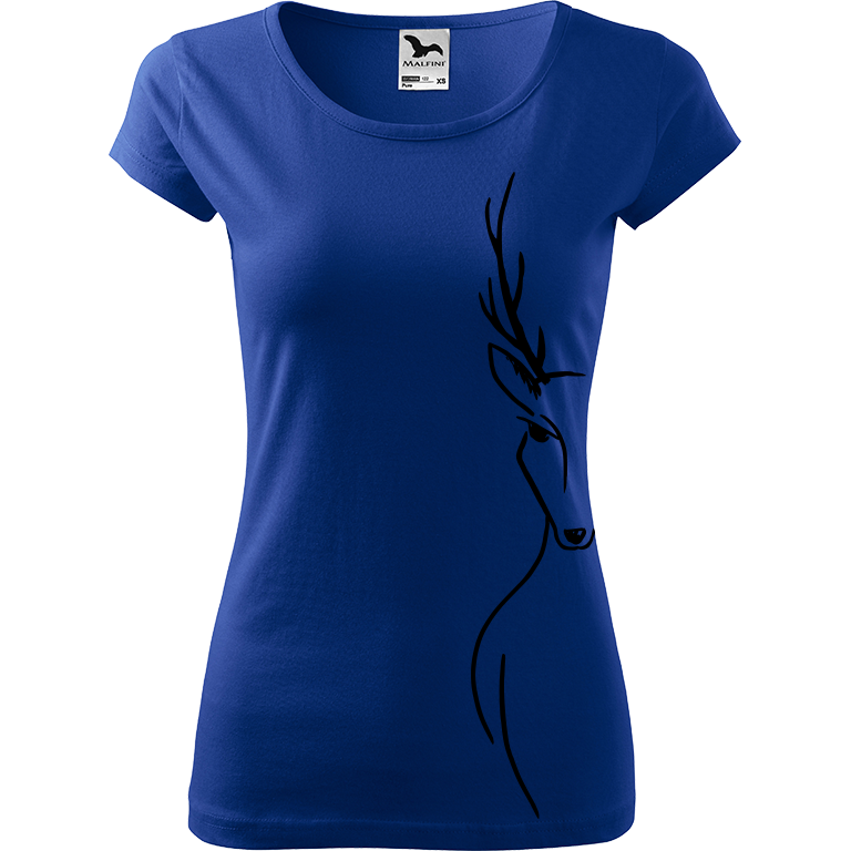 Ručně malované dámské bavlněné tričko - Jelen - Na boku Barva trička: MODRÁ, Velikost trička: XS, Barva motivu: ČERNÁ