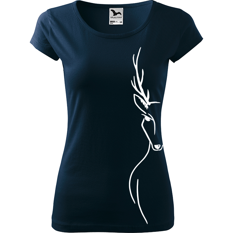 Ručně malované dámské bavlněné tričko - Jelen - Na boku Barva trička: NÁMOŘNICKÁ MODRÁ, Velikost trička: S, Barva motivu: BÍLÁ