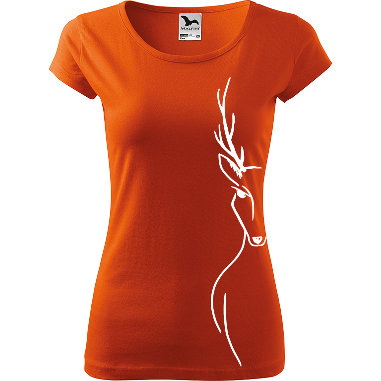 Ručně malované dámské bavlněné tričko - Jelen - Na boku Barva trička: ORANŽOVÁ, Velikost trička: M, Barva motivu: BÍLÁ