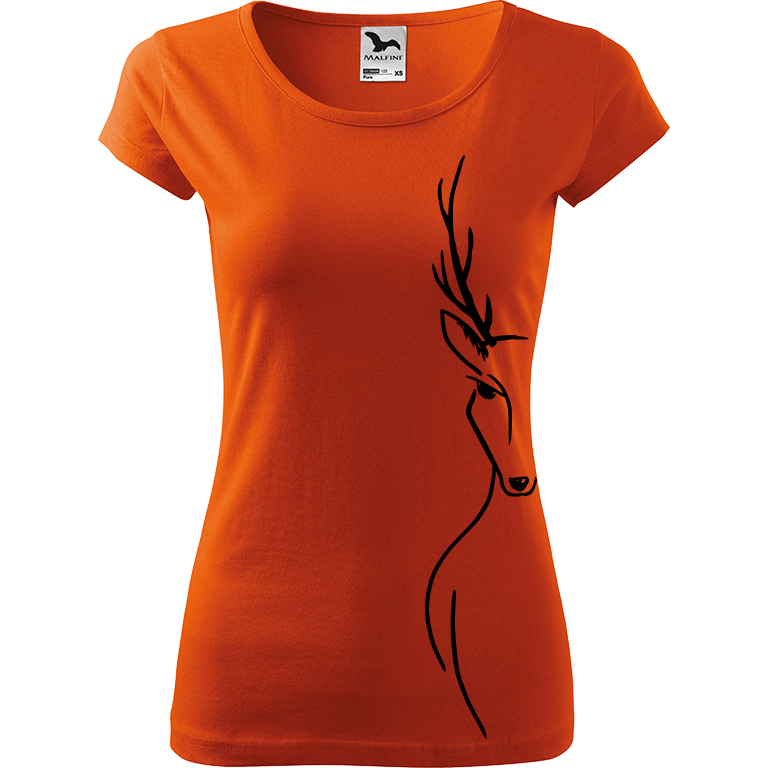 Ručně malované dámské bavlněné tričko - Jelen - Na boku Barva trička: ORANŽOVÁ, Velikost trička: L, Barva motivu: ČERNÁ