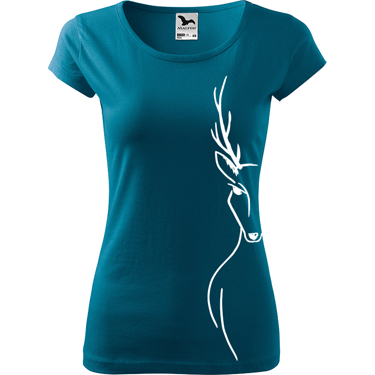 Ručně malované dámské bavlněné tričko - Jelen - Na boku Barva trička: PETROLEJOVÁ, Velikost trička: L, Barva motivu: BÍLÁ