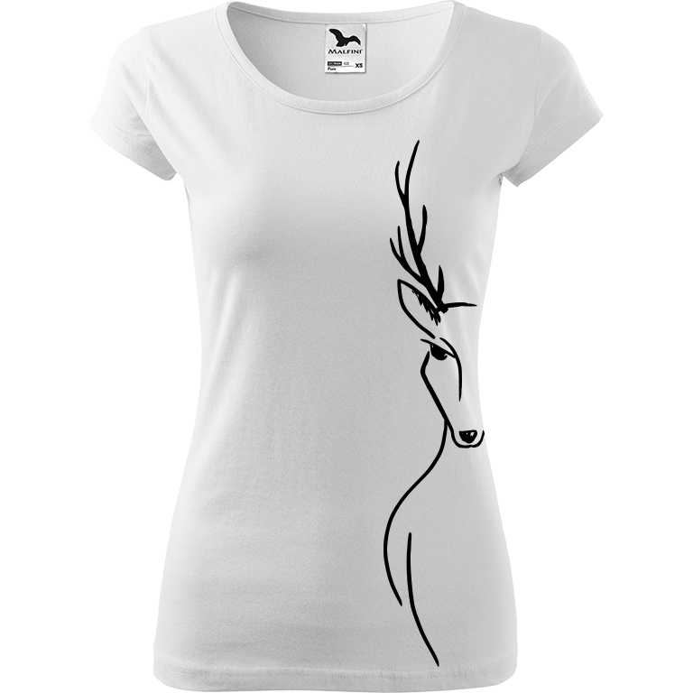 Ručně malované dámské bavlněné tričko - Jelen - Na boku Barva trička: BÍLÁ, Velikost trička: XL, Barva motivu: ČERNÁ