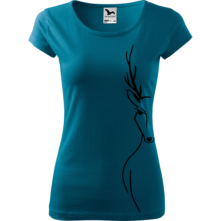 Ručně malované dámské bavlněné tričko - Jelen - Na boku Barva trička: PETROLEJOVÁ, Velikost trička: XL, Barva motivu: ČERNÁ