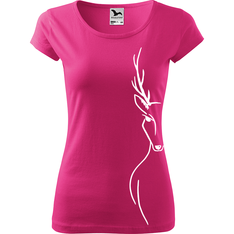 Ručně malované dámské bavlněné tričko - Jelen - Na boku Barva trička: RŮŽOVÁ, Velikost trička: XL, Barva motivu: BÍLÁ