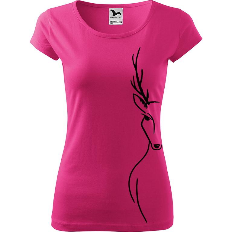 Ručně malované dámské bavlněné tričko - Jelen - Na boku Barva trička: RŮŽOVÁ, Velikost trička: XL, Barva motivu: ČERNÁ