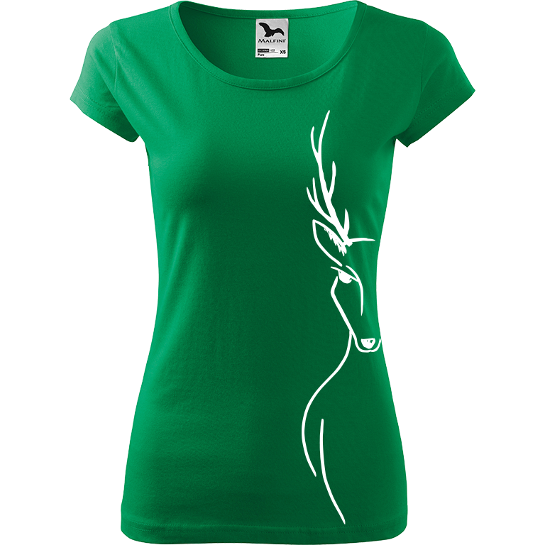 Ručně malované dámské bavlněné tričko - Jelen - Na boku Barva trička: STŘEDNĚ ZELENÁ, Velikost trička: XXL, Barva motivu: BÍLÁ