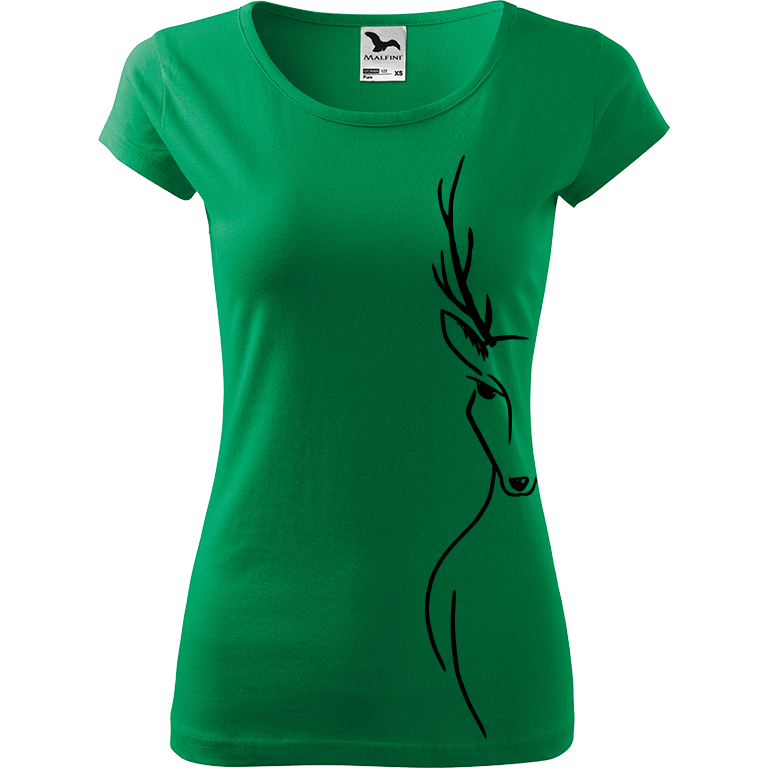 Ručně malované dámské bavlněné tričko - Jelen - Na boku Barva trička: STŘEDNĚ ZELENÁ, Velikost trička: L, Barva motivu: ČERNÁ