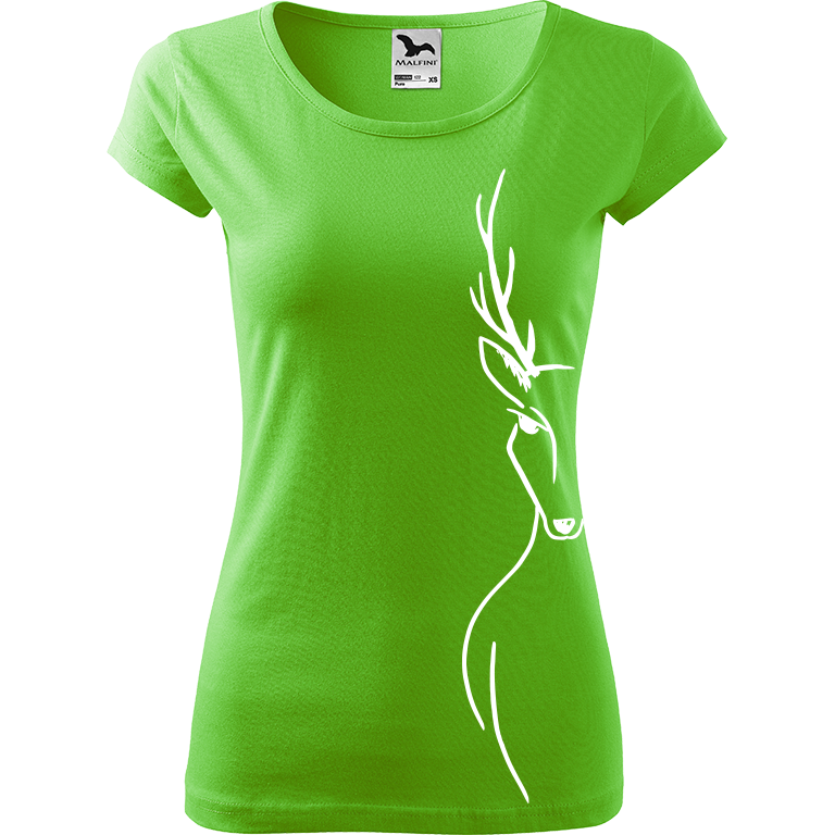 Ručně malované dámské bavlněné tričko - Jelen - Na boku Barva trička: SVĚTLE ZELENÁ, Velikost trička: XS, Barva motivu: BÍLÁ