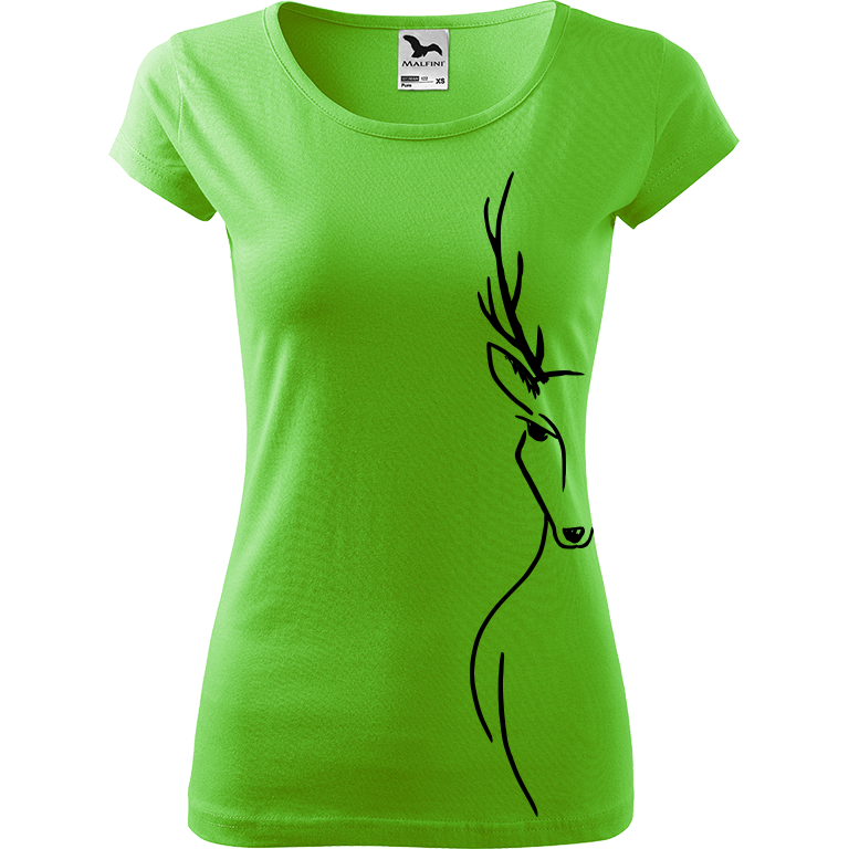 Ručně malované dámské bavlněné tričko - Jelen - Na boku Barva trička: SVĚTLE ZELENÁ, Velikost trička: L, Barva motivu: ČERNÁ