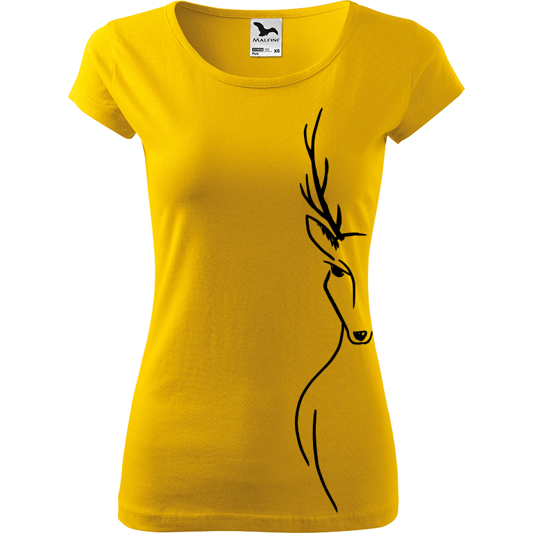 Ručně malované dámské bavlněné tričko - Jelen - Na boku Barva trička: ŽLUTÁ, Velikost trička: XXL, Barva motivu: ČERNÁ