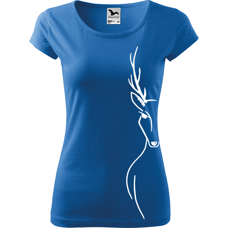 Ručně malované dámské bavlněné tričko - Jelen - Na boku Barva trička: AZUROVÁ, Velikost trička: M, Barva motivu: BÍLÁ