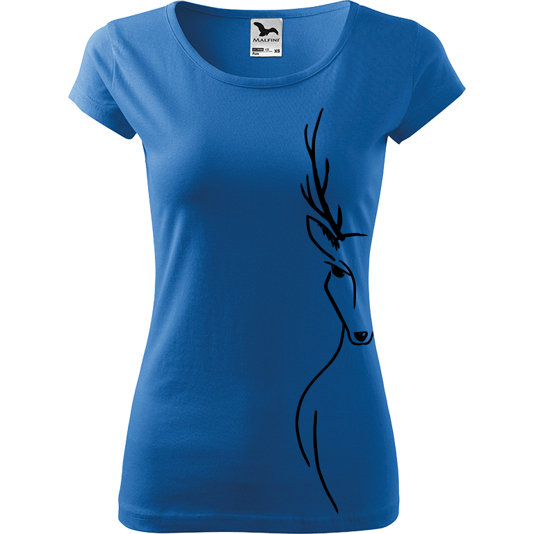 Ručně malované dámské bavlněné tričko - Jelen - Na boku Barva trička: AZUROVÁ, Velikost trička: XS, Barva motivu: ČERNÁ