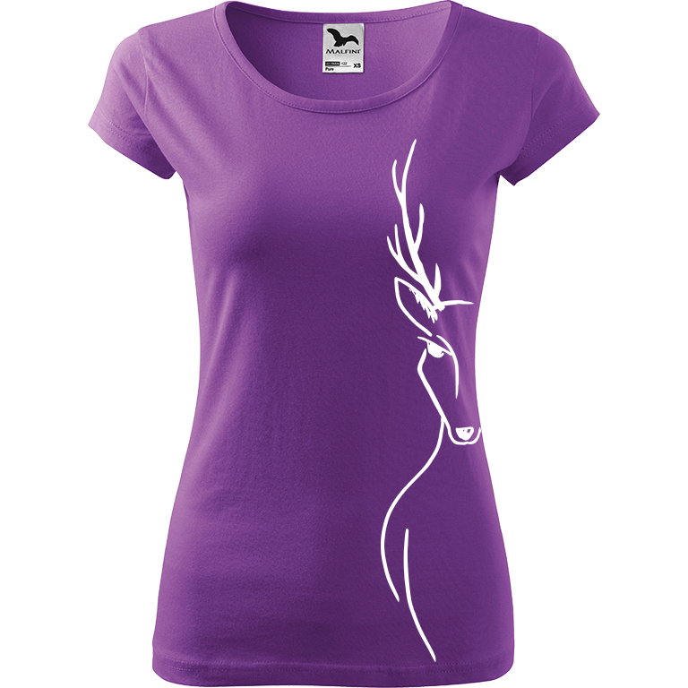 Ručně malované dámské bavlněné tričko - Jelen - Na boku Barva trička: FIALOVÁ, Velikost trička: L, Barva motivu: BÍLÁ