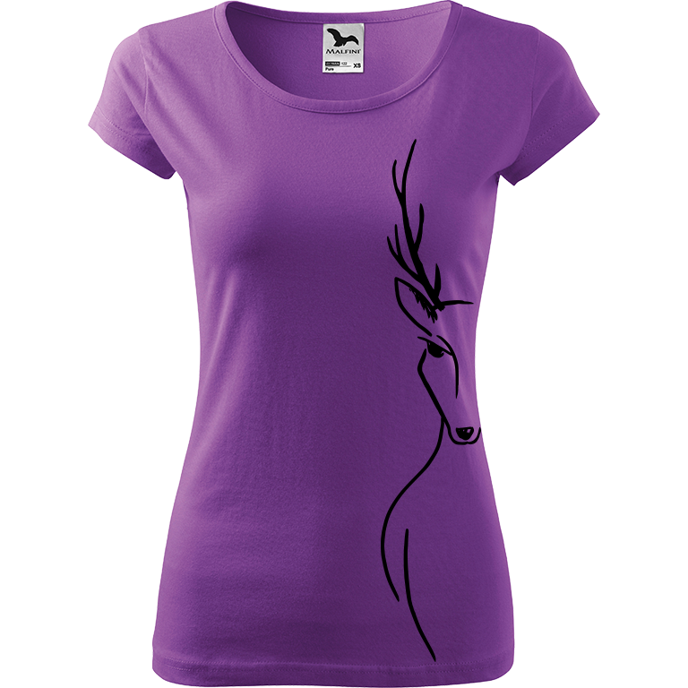 Ručně malované dámské bavlněné tričko - Jelen - Na boku Barva trička: FIALOVÁ, Velikost trička: XS, Barva motivu: ČERNÁ