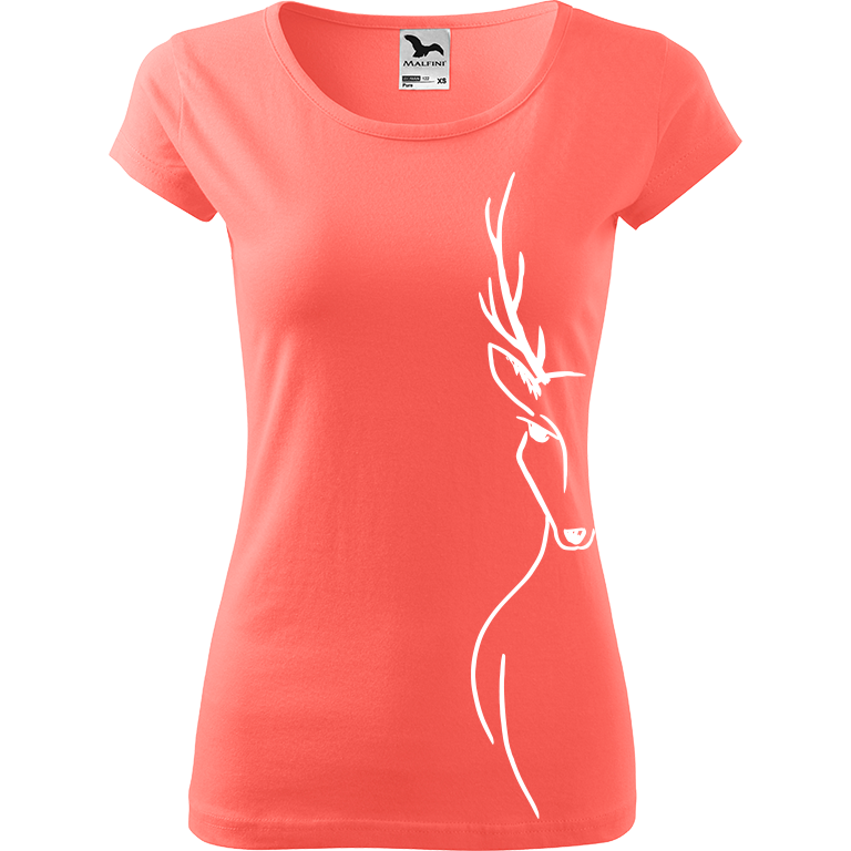 Ručně malované dámské bavlněné tričko - Jelen - Na boku Barva trička: KORÁLOVÁ, Velikost trička: S, Barva motivu: BÍLÁ