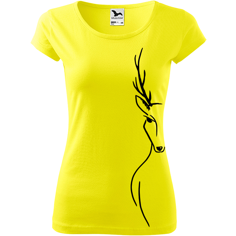 Ručně malované dámské bavlněné tričko - Jelen - Na boku Barva trička: CITRONOVÁ, Velikost trička: XS, Barva motivu: ČERNÁ
