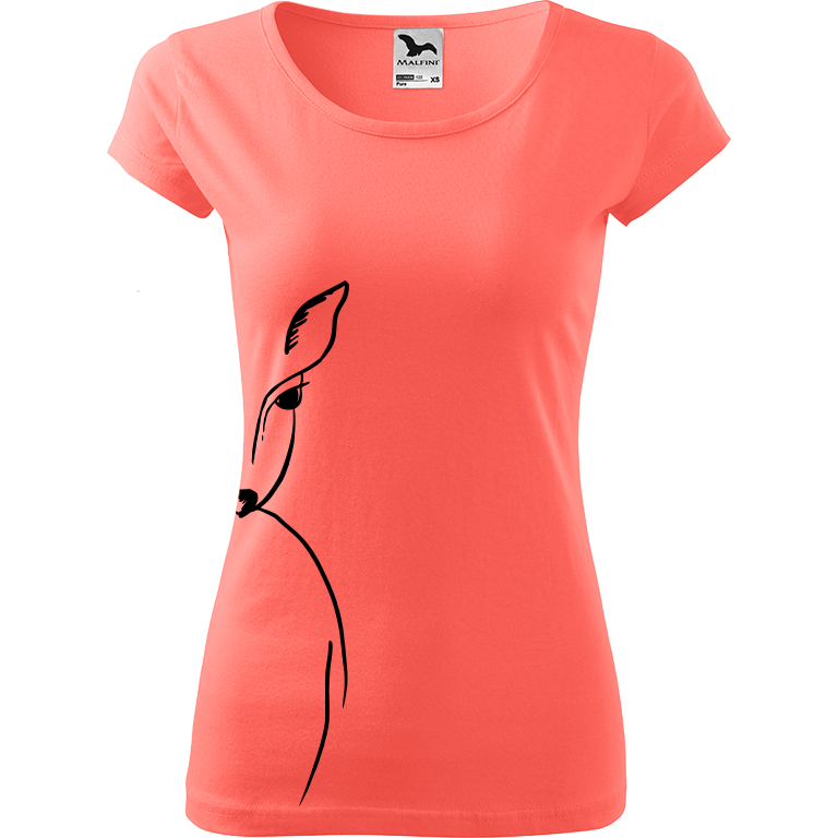 Ručně malované dámské bavlněné tričko - Srnka - Na boku Barva trička: KORÁLOVÁ, Velikost trička: S, Barva motivu: ČERNÁ