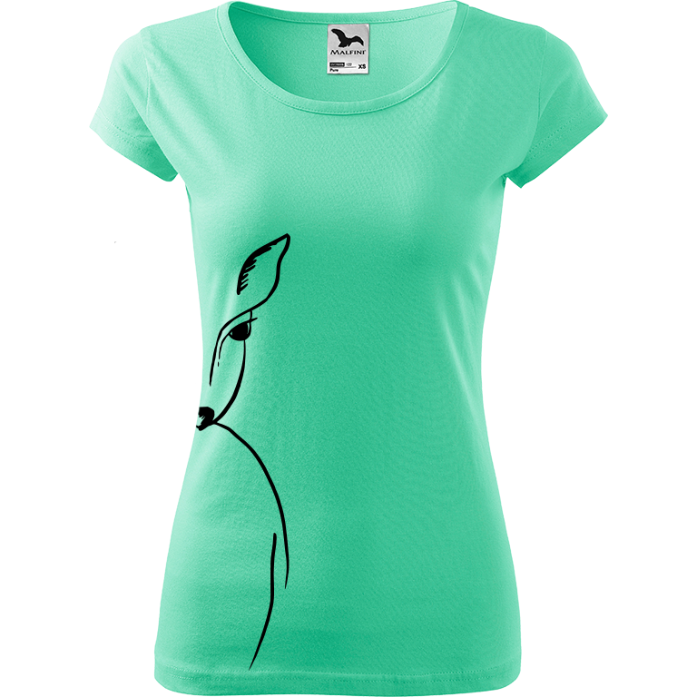 Ručně malované dámské bavlněné tričko - Srnka - Na boku Barva trička: MÁTOVÁ, Velikost trička: M, Barva motivu: ČERNÁ