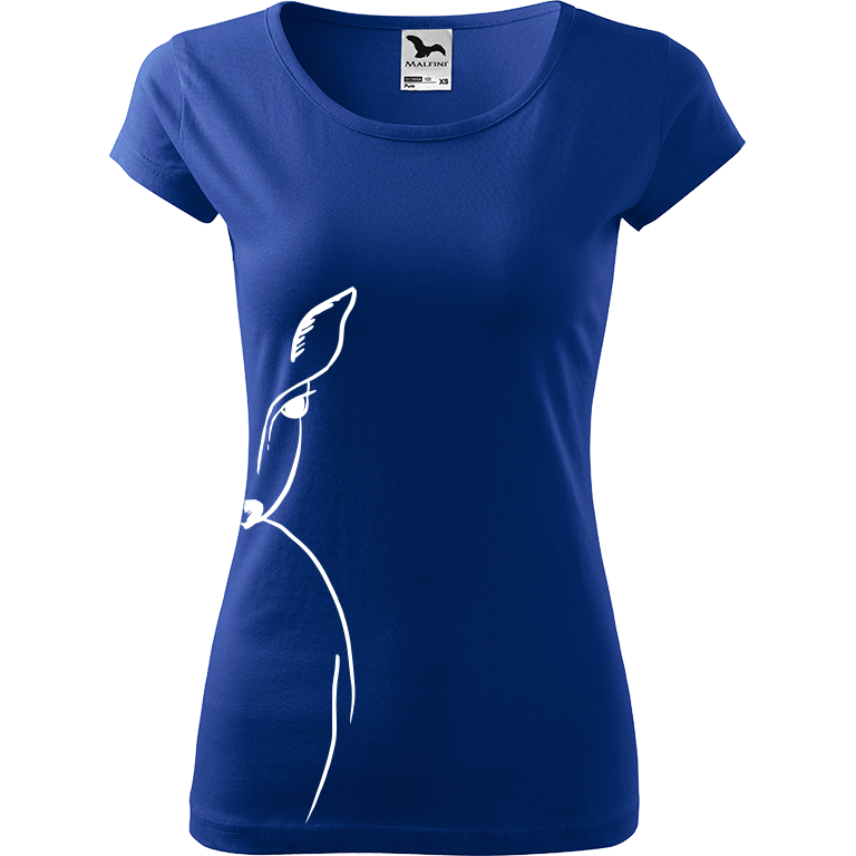 Ručně malované dámské bavlněné tričko - Srnka - Na boku Barva trička: MODRÁ, Velikost trička: XL, Barva motivu: BÍLÁ