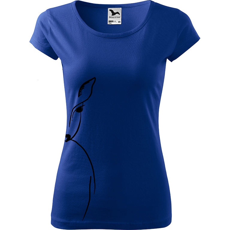 Ručně malované dámské bavlněné tričko - Srnka - Na boku Barva trička: MODRÁ, Velikost trička: XS, Barva motivu: ČERNÁ