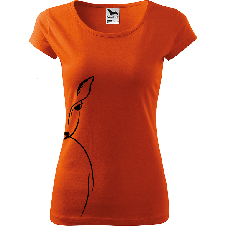 Ručně malované dámské bavlněné tričko - Srnka - Na boku Barva trička: ORANŽOVÁ, Velikost trička: XS, Barva motivu: ČERNÁ