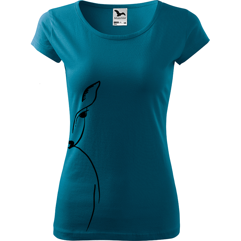Ručně malované dámské bavlněné tričko - Srnka - Na boku Barva trička: PETROLEJOVÁ, Velikost trička: XS, Barva motivu: ČERNÁ