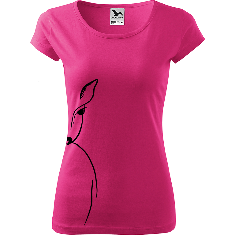 Ručně malované dámské bavlněné tričko - Srnka - Na boku Barva trička: RŮŽOVÁ, Velikost trička: XL, Barva motivu: ČERNÁ