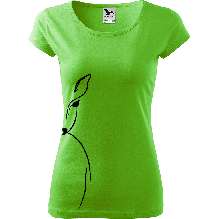 Ručně malované dámské bavlněné tričko - Srnka - Na boku Barva trička: SVĚTLE ZELENÁ, Velikost trička: XL, Barva motivu: ČERNÁ