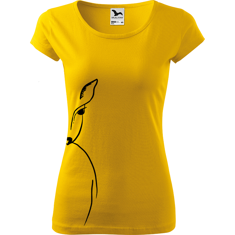 Ručně malované dámské bavlněné tričko - Srnka - Na boku Barva trička: ŽLUTÁ, Velikost trička: XS, Barva motivu: ČERNÁ