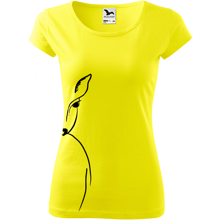 Ručně malované dámské bavlněné tričko - Srnka - Na boku Barva trička: CITRONOVÁ, Velikost trička: XS, Barva motivu: ČERNÁ