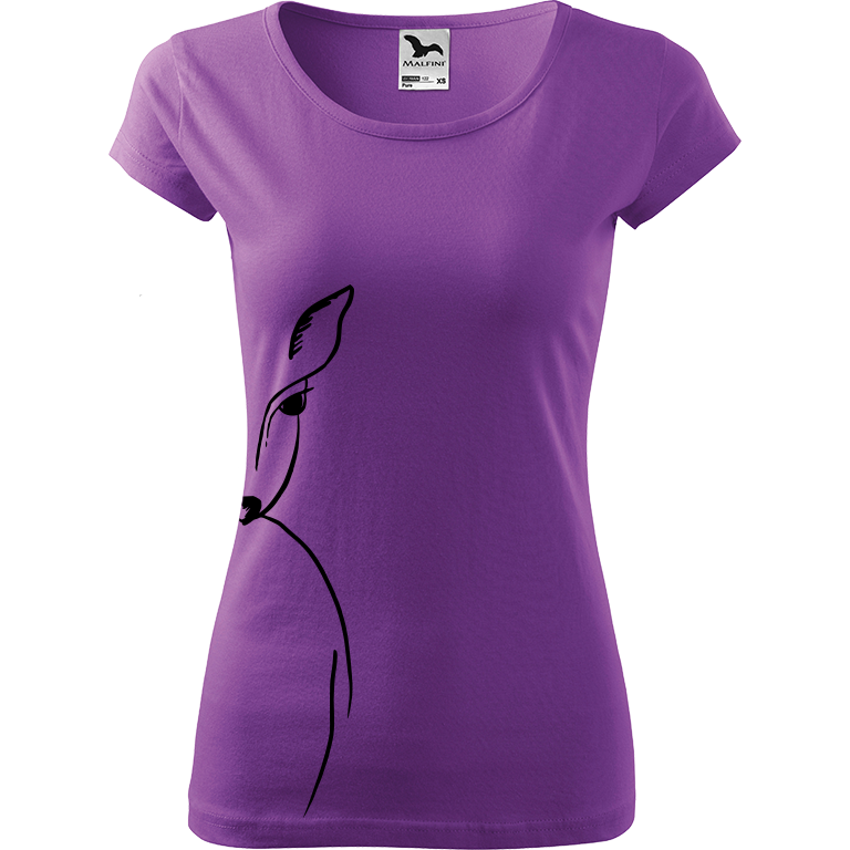 Ručně malované dámské bavlněné tričko - Srnka - Na boku Barva trička: FIALOVÁ, Velikost trička: XS, Barva motivu: ČERNÁ