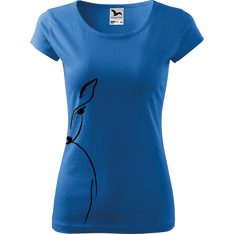 Ručně malované dámské bavlněné tričko - Srnka - Na boku Barva trička: AZUROVÁ, Velikost trička: XS, Barva motivu: ČERNÁ