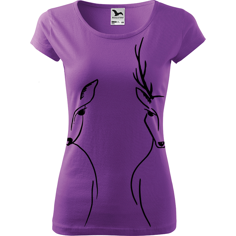 Ručně malované dámské bavlněné tričko - Srnka & Jelen - Na bocích Barva trička: FIALOVÁ, Velikost trička: XL, Barva motivu: ČERNÁ