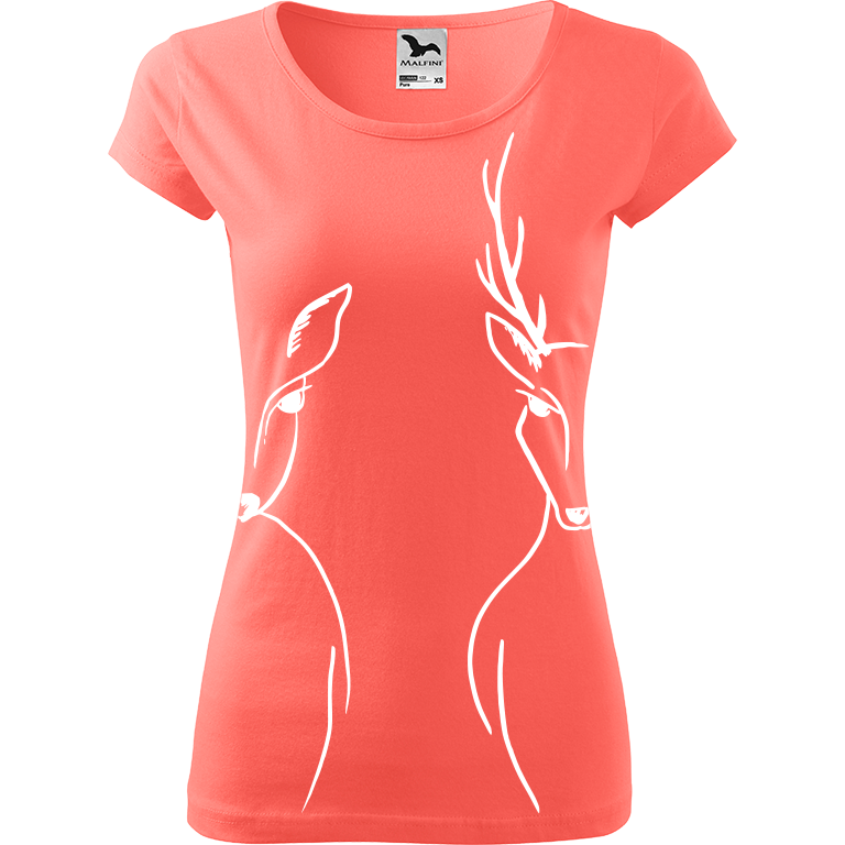 Ručně malované dámské bavlněné tričko - Srnka & Jelen - Na bocích Barva trička: KORÁLOVÁ, Velikost trička: L, Barva motivu: BÍLÁ
