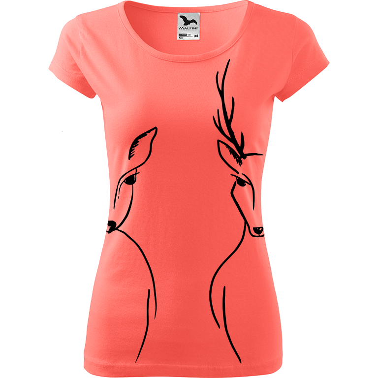 Ručně malované dámské bavlněné tričko - Srnka & Jelen - Na bocích Barva trička: KORÁLOVÁ, Velikost trička: XL, Barva motivu: ČERNÁ