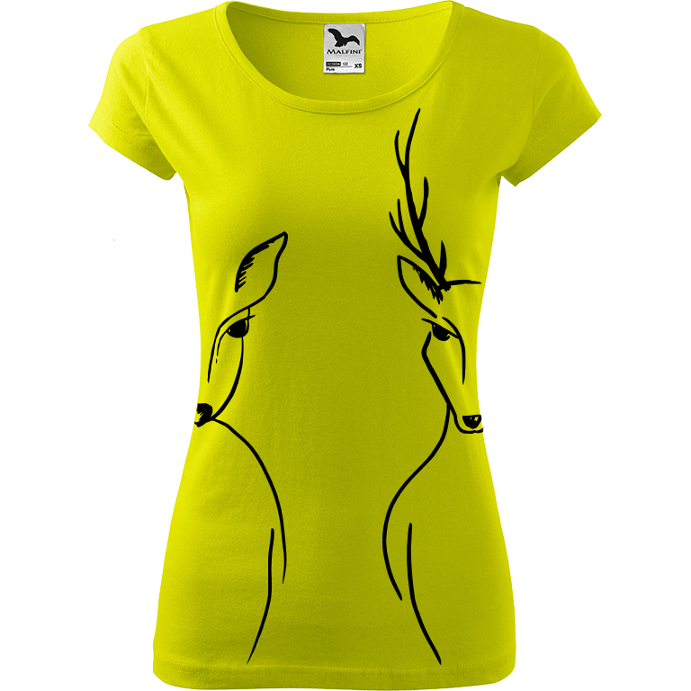 Ručně malované dámské bavlněné tričko - Srnka & Jelen - Na bocích Barva trička: LIMETKOVÁ, Velikost trička: XS, Barva motivu: ČERNÁ