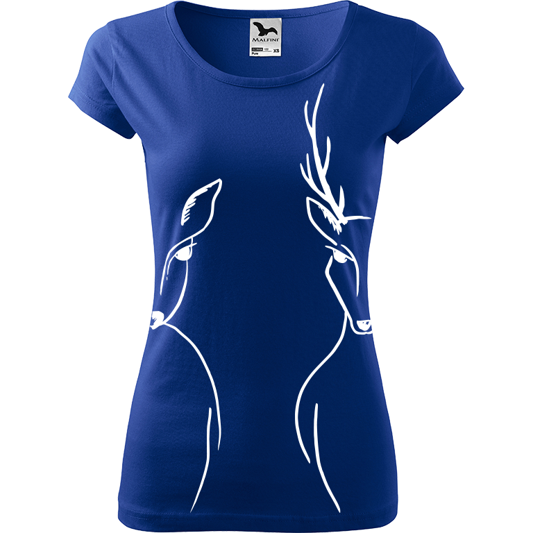 Ručně malované dámské bavlněné tričko - Srnka & Jelen - Na bocích Barva trička: MODRÁ, Velikost trička: M, Barva motivu: BÍLÁ