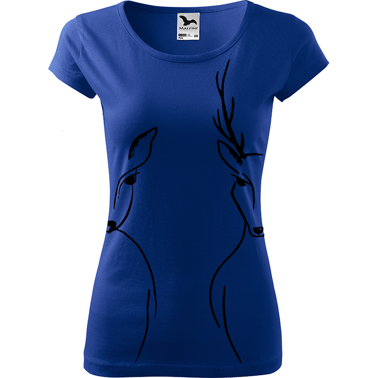 Ručně malované dámské bavlněné tričko - Srnka & Jelen - Na bocích Barva trička: MODRÁ, Velikost trička: XS, Barva motivu: ČERNÁ