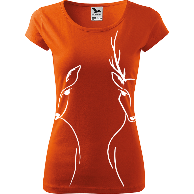 Ručně malované dámské bavlněné tričko - Srnka & Jelen - Na bocích Barva trička: ORANŽOVÁ, Velikost trička: XS, Barva motivu: BÍLÁ
