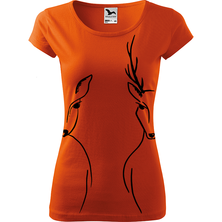 Ručně malované dámské bavlněné tričko - Srnka & Jelen - Na bocích Barva trička: ORANŽOVÁ, Velikost trička: S, Barva motivu: ČERNÁ