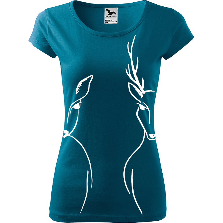 Ručně malované dámské bavlněné tričko - Srnka & Jelen - Na bocích Barva trička: PETROLEJOVÁ, Velikost trička: L, Barva motivu: BÍLÁ