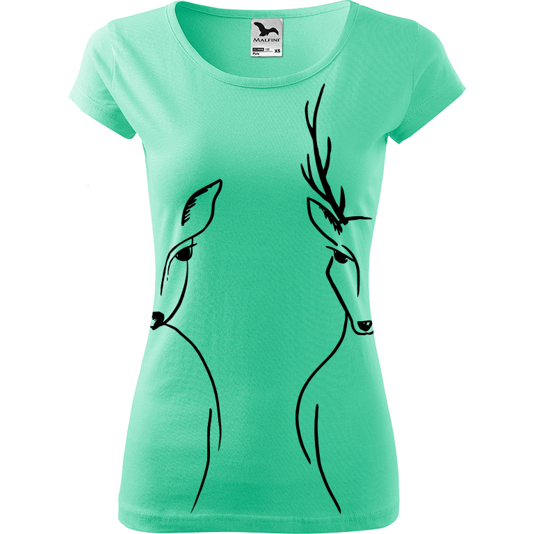 Ručně malované dámské bavlněné tričko - Srnka & Jelen - Na bocích Barva trička: MÁTOVÁ, Velikost trička: XL, Barva motivu: ČERNÁ