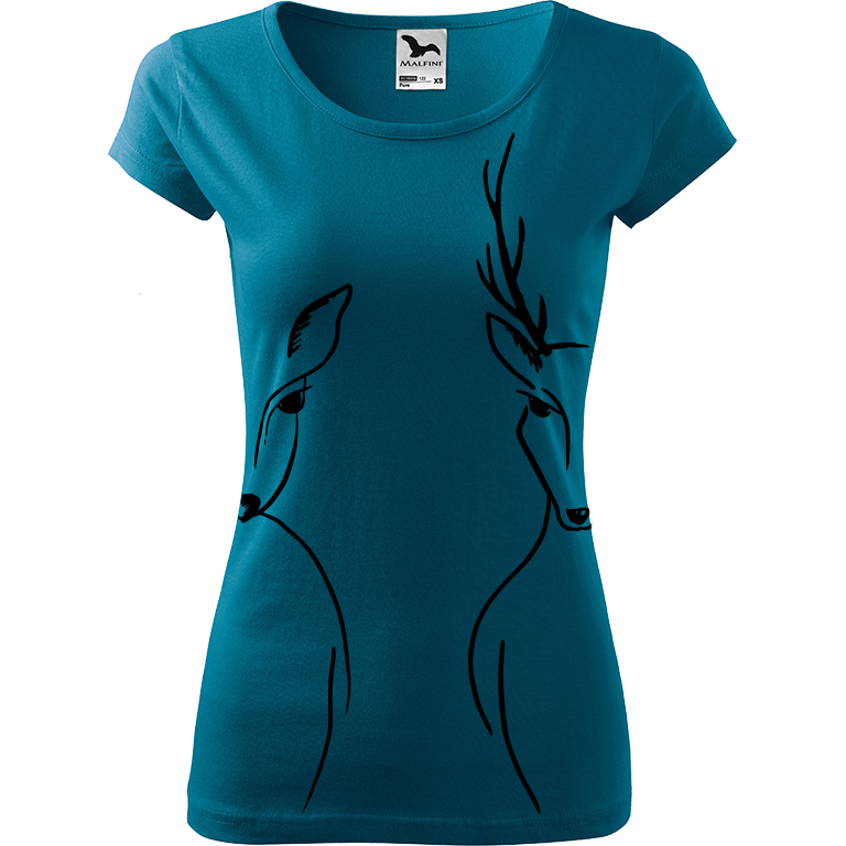 Ručně malované dámské bavlněné tričko - Srnka & Jelen - Na bocích Barva trička: PETROLEJOVÁ, Velikost trička: XS, Barva motivu: ČERNÁ
