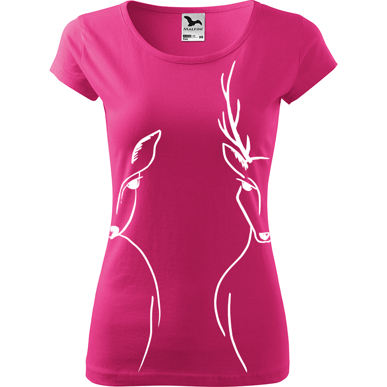 Ručně malované dámské bavlněné tričko - Srnka & Jelen - Na bocích Barva trička: RŮŽOVÁ, Velikost trička: M, Barva motivu: BÍLÁ