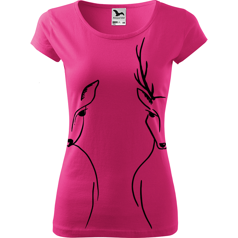 Ručně malované dámské bavlněné tričko - Srnka & Jelen - Na bocích Barva trička: RŮŽOVÁ, Velikost trička: M, Barva motivu: ČERNÁ