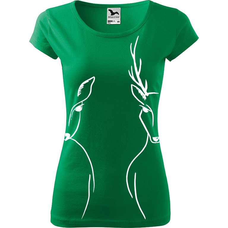 Ručně malované dámské bavlněné tričko - Srnka & Jelen - Na bocích Barva trička: STŘEDNĚ ZELENÁ, Velikost trička: XS, Barva motivu: BÍLÁ