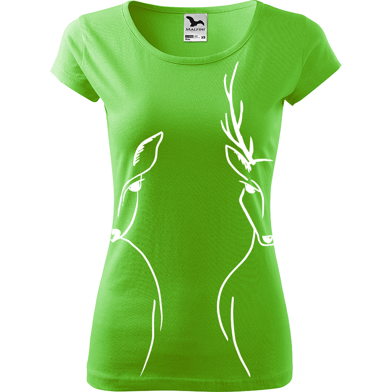 Ručně malované dámské bavlněné tričko - Srnka & Jelen - Na bocích Barva trička: SVĚTLE ZELENÁ, Velikost trička: XL, Barva motivu: BÍLÁ