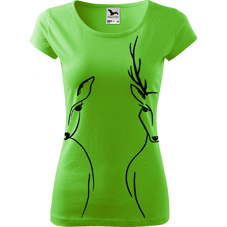 Ručně malované dámské bavlněné tričko - Srnka & Jelen - Na bocích Barva trička: SVĚTLE ZELENÁ, Velikost trička: L, Barva motivu: ČERNÁ